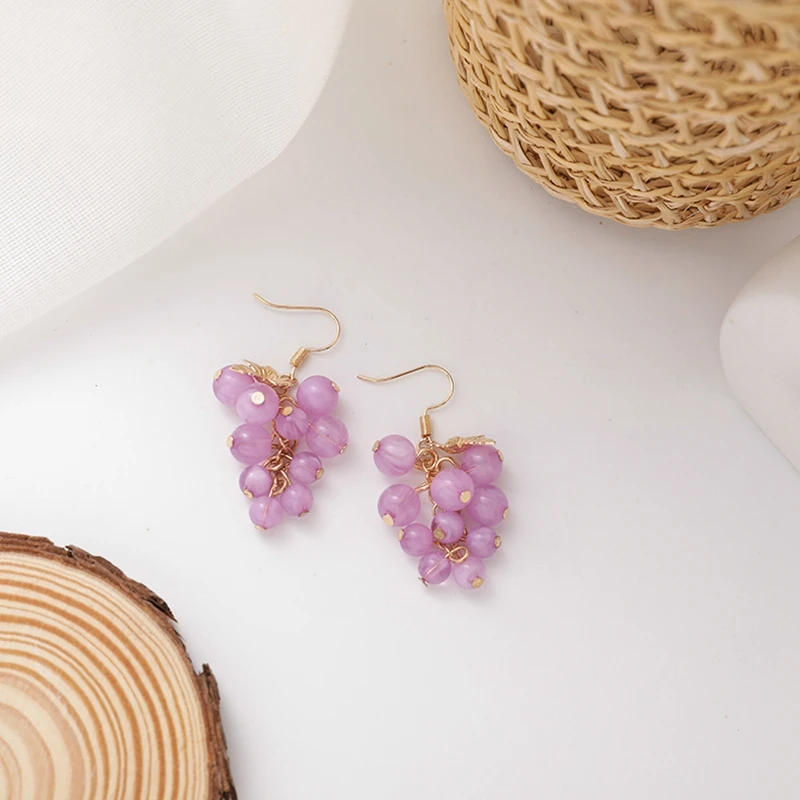 

Beautiful Summer Small Fresh And Sweet Beaded Ear Hook Temperament Purple Grape Fruit Earrings Wild Personality Ear Jewelry