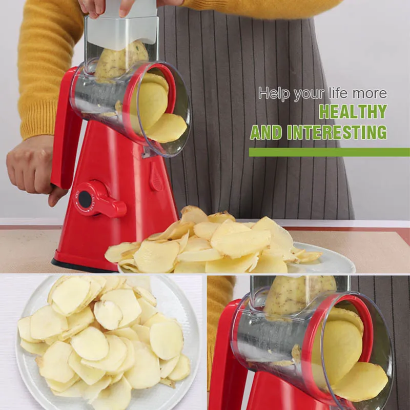 

Multi-function Food Slicer Manual Hand Speedy Safe Vegetables Chopper Cutter with 3 Cylindrical Stainless Steel Blades for mom