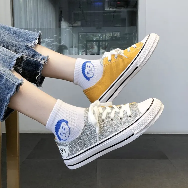 Женские Модные холщовые шнурки на шнуровке; Zapatillas; прогулочные женские туфли на плоской подошве; повседневные туфли с блестками; C125