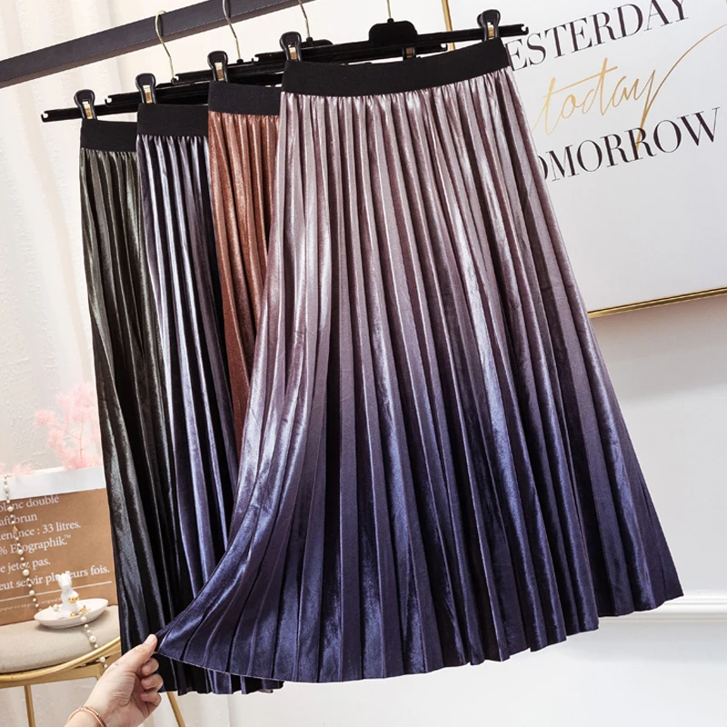 Осенняя модная Вельветовая плиссированная длинная юбка с градиентом цвета