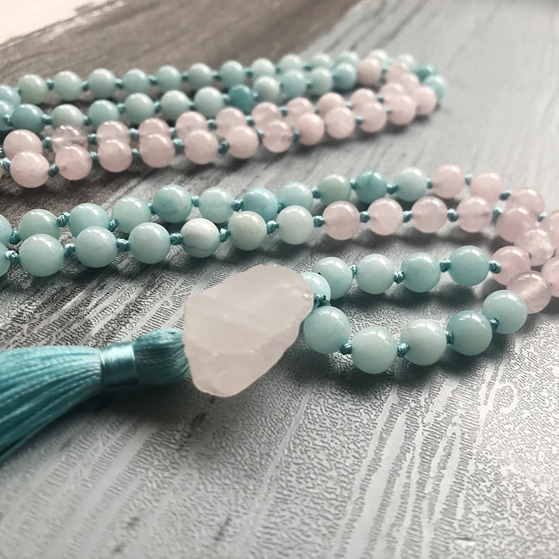 Raw Stone Pendant Mala Necklaces Rose Q-uartz& Amazonite Knotted Necklace 108 Mala Beads Tassel Necklace Womens Gift For Her
