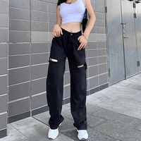 women casual vintage boyfriend hollow out denim pants street high waist mom wide leg jeans 2021 loose ripped straight trousers
