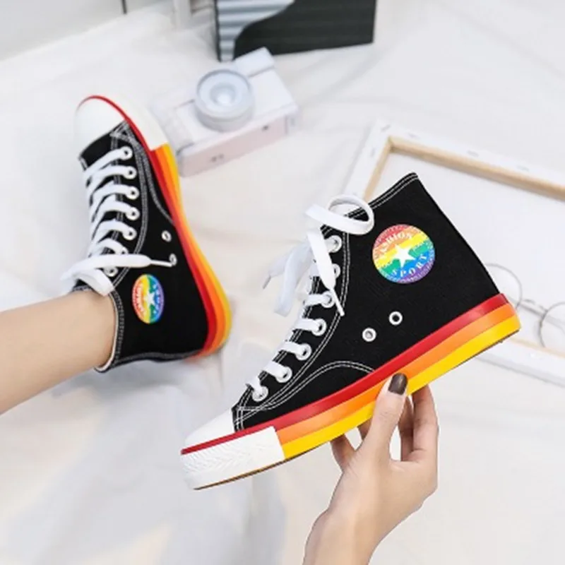 Spring Korean Version Of Canvas Children's Shoes Girls High-top Lace-up Fashion Trend Students Rainbow Soles Casual | Детская одежда