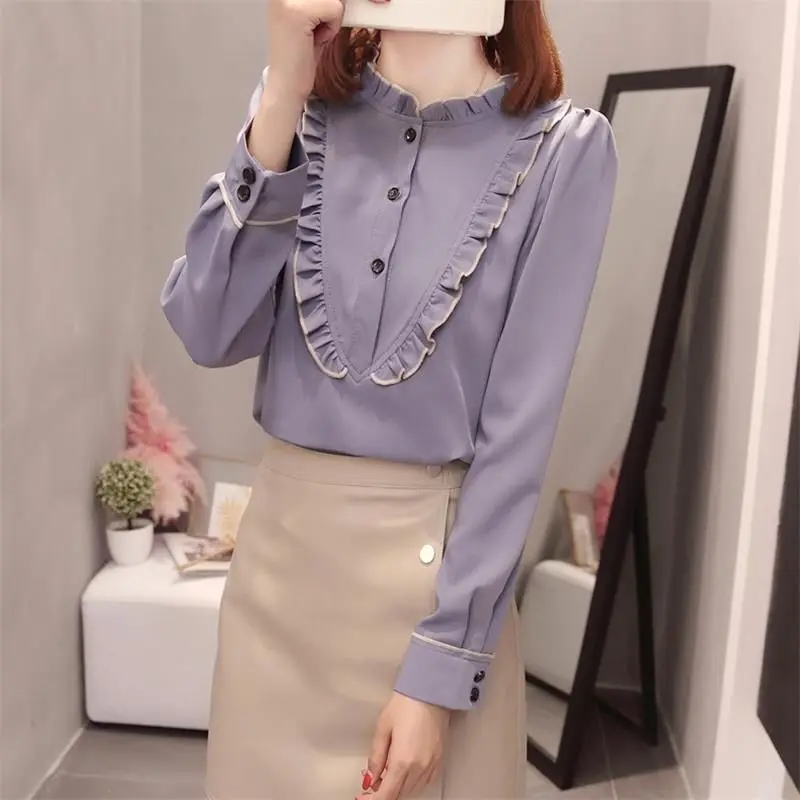 

Spring Chiffon Shirt Women Blouses Loose Versatile Long Sleeve Ruffle T-shirt Top Clothing Crop Korean Vintage Ladies Fashion