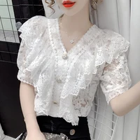 lace white blouse shirts 2021 lace women shirts stitching short sleeve loose retro top summer new mesh female ruffle 317j