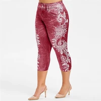 printed false denim short leggings 34 women jeans leggings high waist breeches capri pants super elastic jeggings plus size 2xl