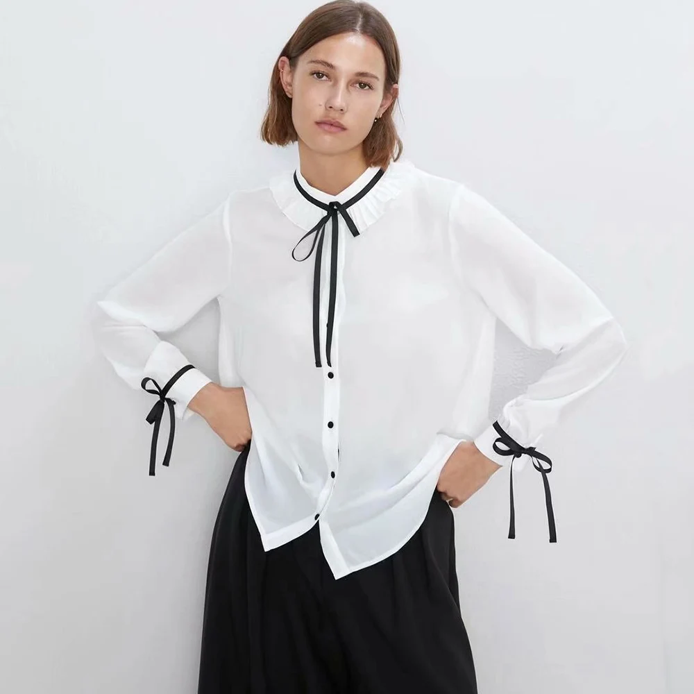 Женская кружевная рубашка ZA белая Повседневная Свободная с длинным рукавом