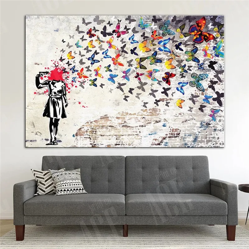 

Graffiti Art Abstract Canvas Painting Posters and Prints Woman Butterfly Wall Canvas Artist Home Decoration Frameless