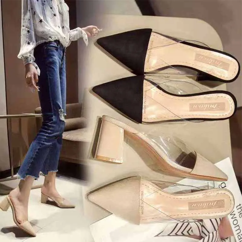 

Summer Shoes For Women 2021 Pointed Toe Suede Square Heel High Flats Slip on Transparent Shallow Ladies Shoes