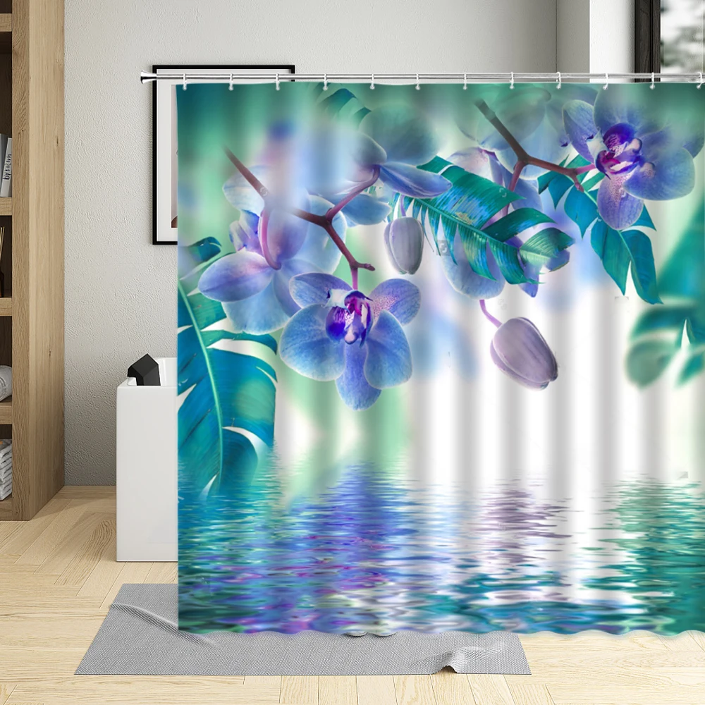 

Water Surface Flowers Shower Curtain Beautiful Orchid Lily Butterfly Bathroom With Hook Decorative Cloth Home Washable Fabric