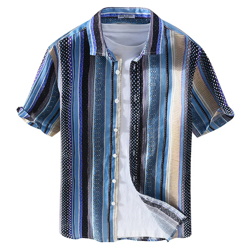 

2021 Men's Spring and Summer New Polka Dot Printed Vertical Stripes Fashion Short Sleeve Shirt Loose Lapels Shirt