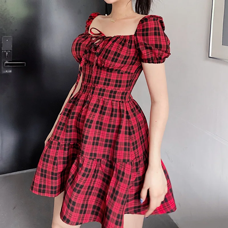

Fashion Plaid Contrast Square Collar with Short Sleeve A Pendulum Dress Female 2021 New