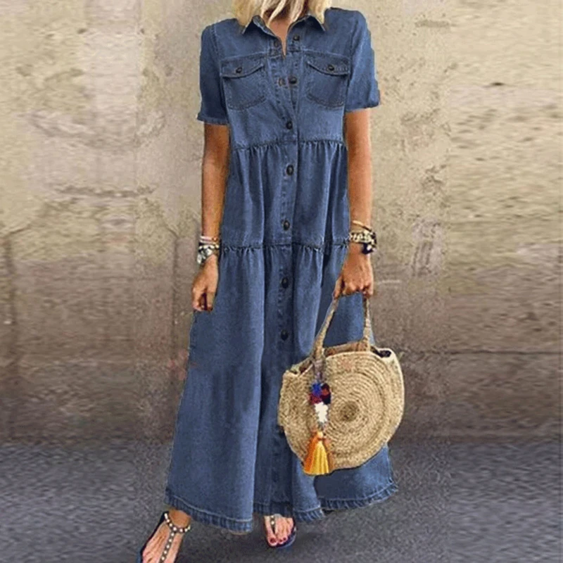 

3XL High Quality Denim Dress Summer Autumn Clothing Women Jeans Dress Elegant Slim Cowboy Casual Dresses Vestidos