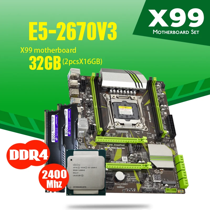 Материнская плата atermiter X99 D4 с ЦП Xeon E5 2670 V3 2 шт. * 16 ГБ = 32 2400 МГц DDR4 радиатор