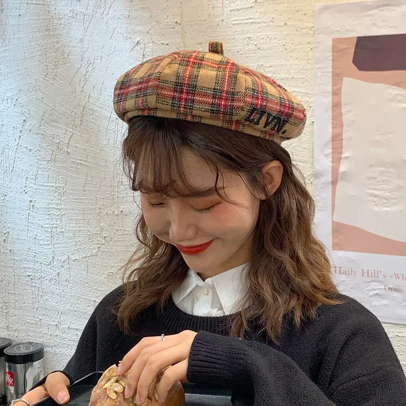 Винтажные клетчатые осенне-зимние шерстяные береты шапки для женщин девушек