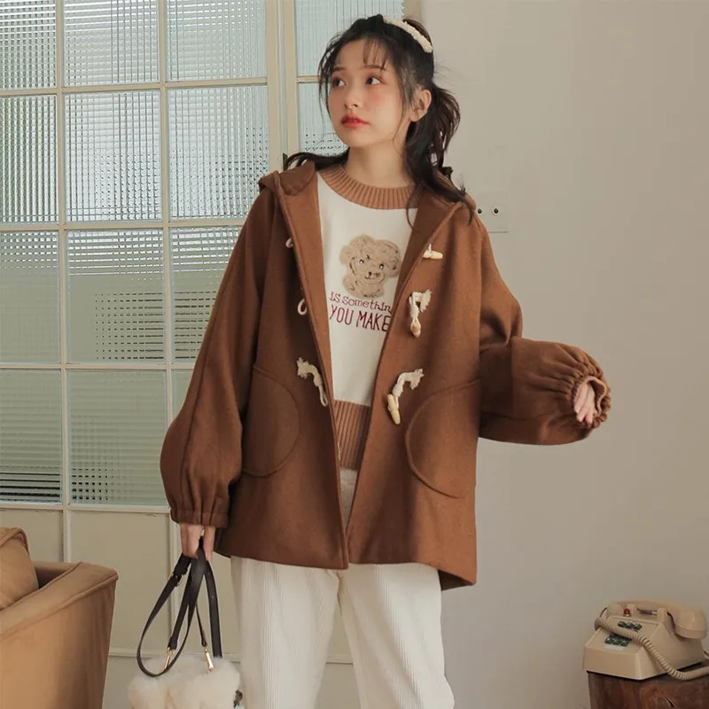 2020 New Women Jackets Cute Rabbit Ears Horns Buckle Lantern Sleeve Hooded Sweet Outwear Girl Sweet Woolen Harajuku Coat 2010225