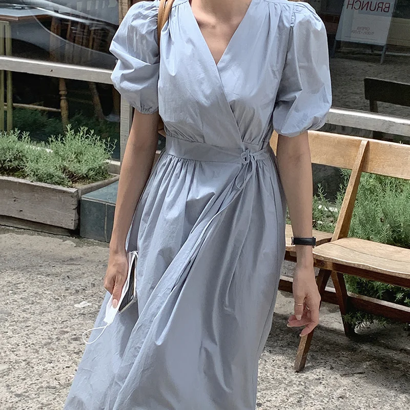 Sexy Korean Chic French V-neck Cross Tie Waist Slim One Piece Bubble Sleeve Dress Women | Женская одежда