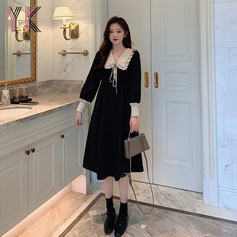 

Черный с воротником в кукольном стиле с кружевом с длинными рукавами плиссированная юбка миди платье в стиле ретро; В Корейском стиле; Повсе...