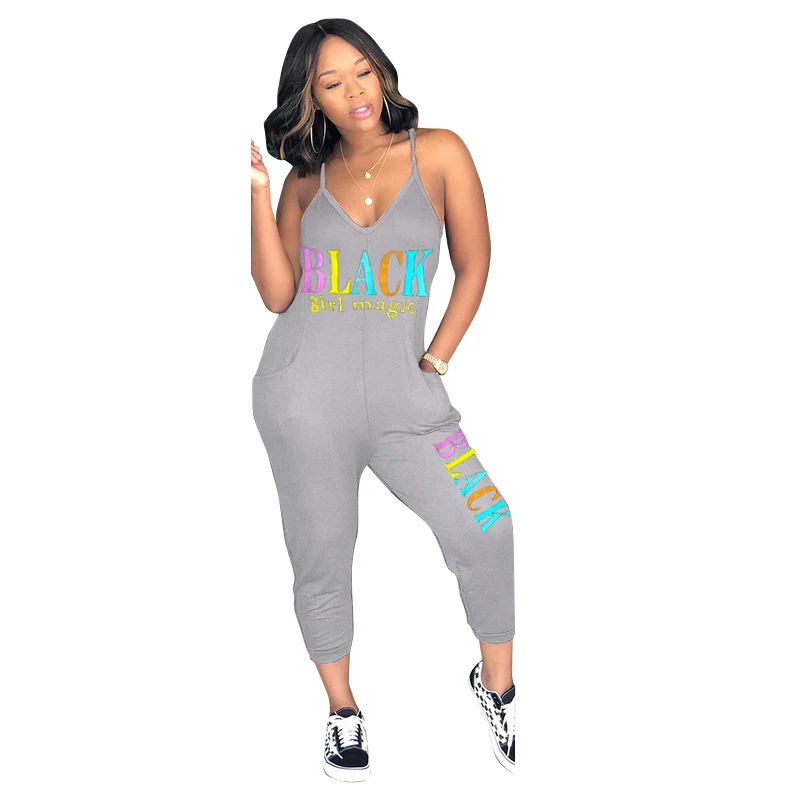 Женский комбинезон без рукавов Летний с V-образным вырезом и буквенным принтом