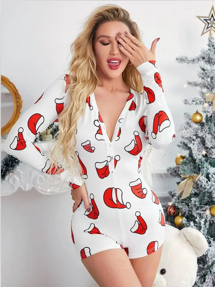 Рождественский Короткий комбинезон Женское боди с принтом и длинным рукавом