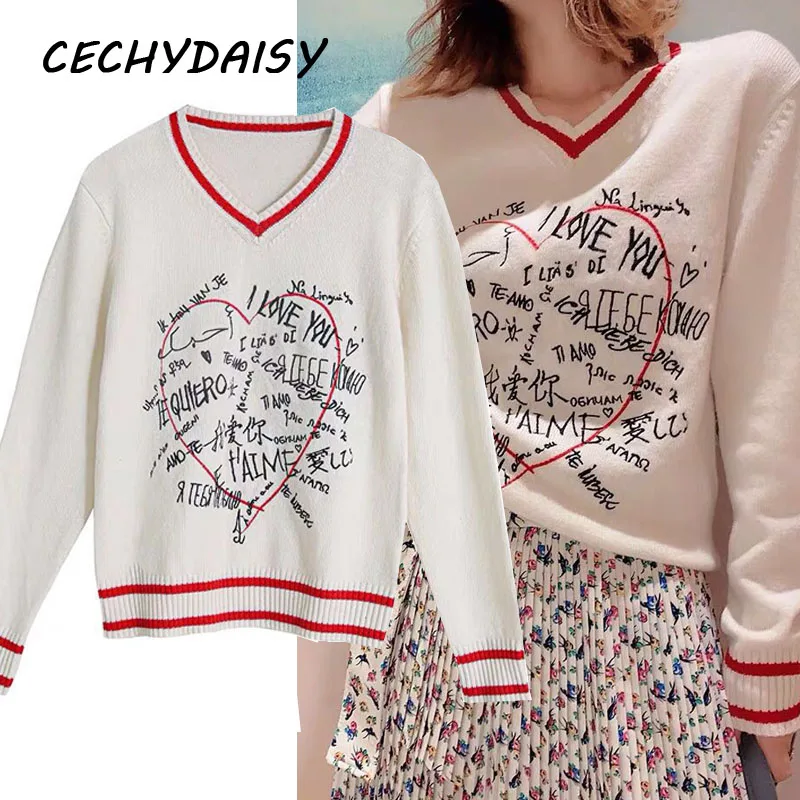 Женский трикотажный свитер в полоску с v-образным вырезом и длинным рукавом |