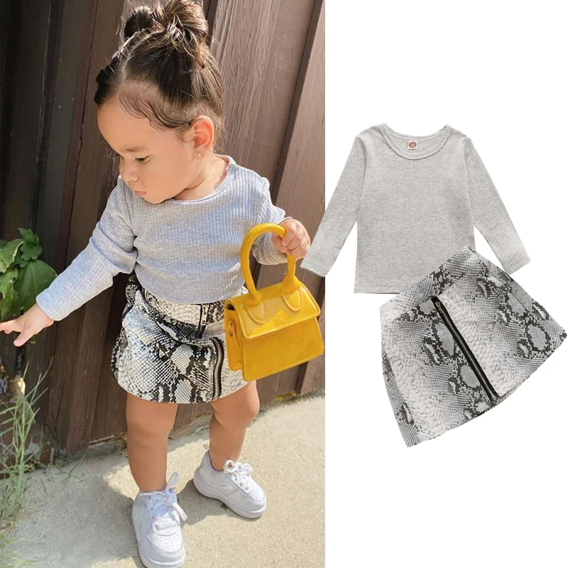 

1-5Y Baby Girls Fall Clothes Set, Long Sleeve Crew Neck Knit Tops + Snakeskin Print Skirt 2PCS Autumn Outfits