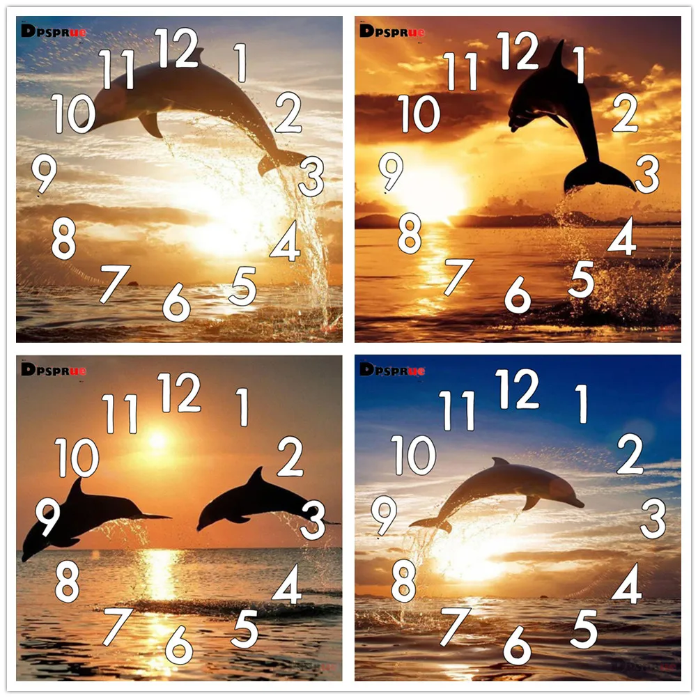 

Dpsprue Full Diamond Painting Cross Stitch With Clock Mechanism Mosaic 5D Diy Square Round Dolphin Sun 3d Embroidery Gift HG125