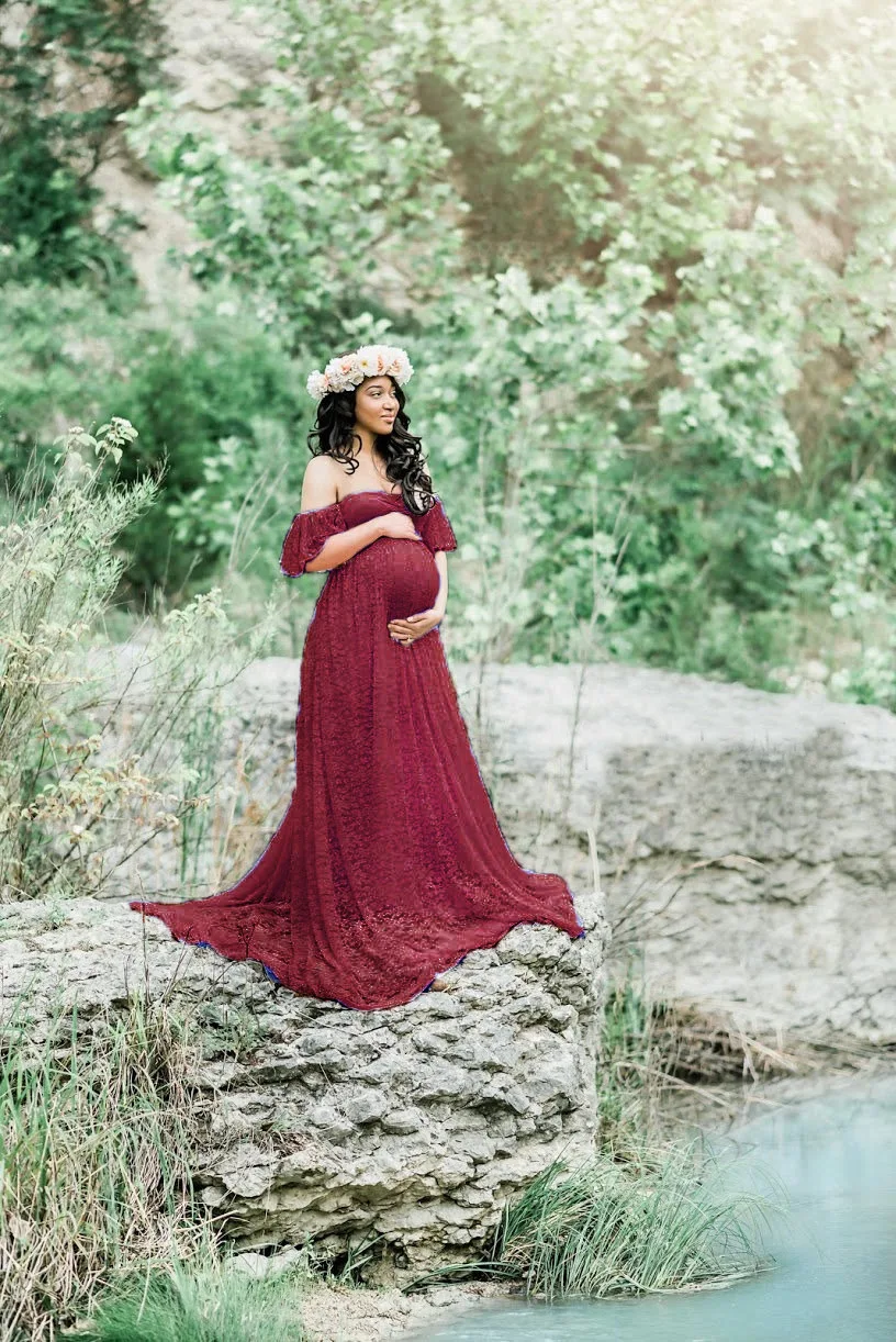

Cheap Full Lace Maternity Evening Dresses Off the Shoulder Pregnant Women Wear 2019 Sweep Train Photography Dress
