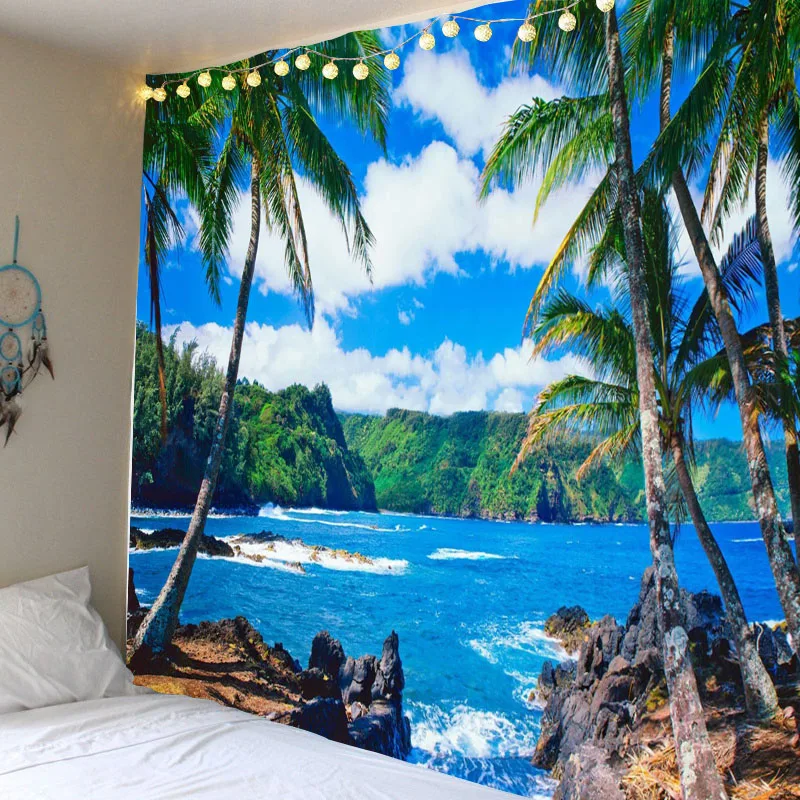 

Coconut Tapestry Seaside Coconut Tree Background Wall Hanging Decorative Art Comfortable Seaside Coconut Tapestry Home Decoratio