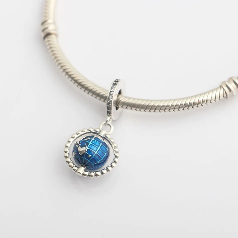 

Authentic S925 Silver Enamel Spinning Globe With Crystal Pendant Hanging Bead Charm for Women Bracelet Bangle Jewelry