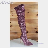 abesire new long boots pleated bling heel side zipper leather pointed toe thigh high autumn winter big size shoes botas de mujer