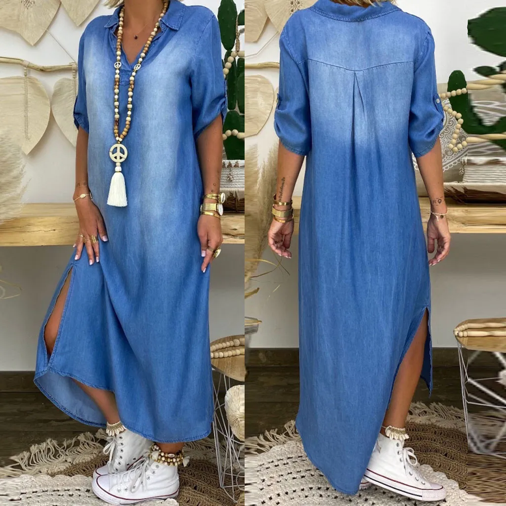 

59# Women Summer Denim Dresslmitation Cowboy Short Sleeve Long Dress Fashion V-neck Ankle Length Dress Robe Longue Femme