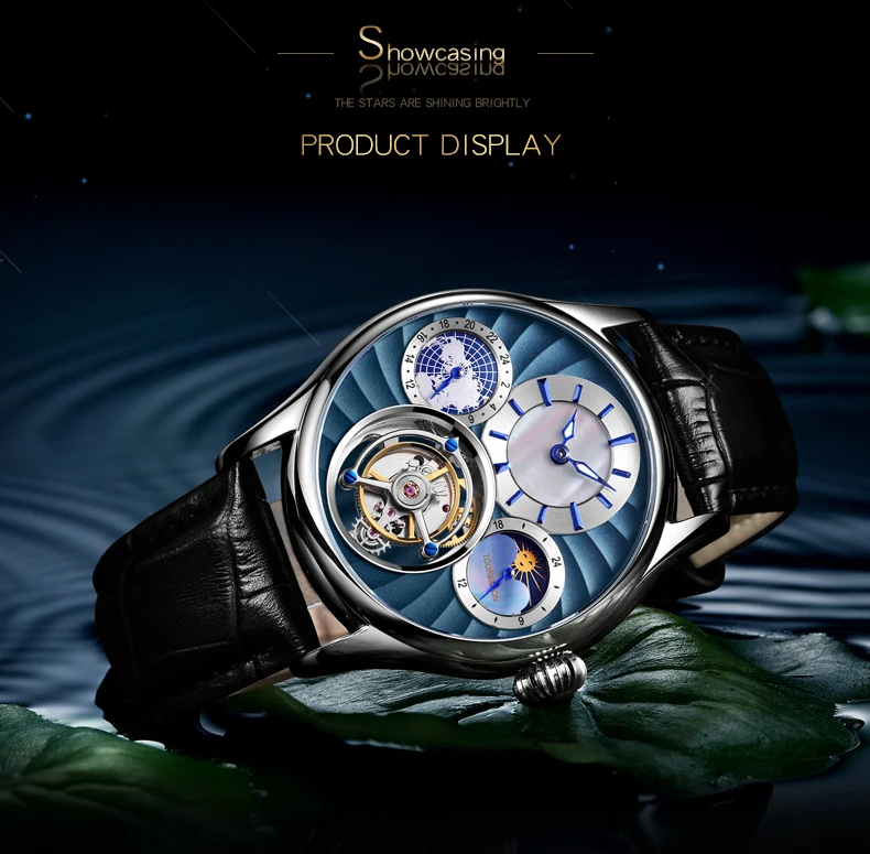 Tourbillon сапфир часы Скелетон Мужские автоматические механические часы Многофункциональный 24-часовой и лунной фазой, Для мужчин часы лучший бренд класса люкс