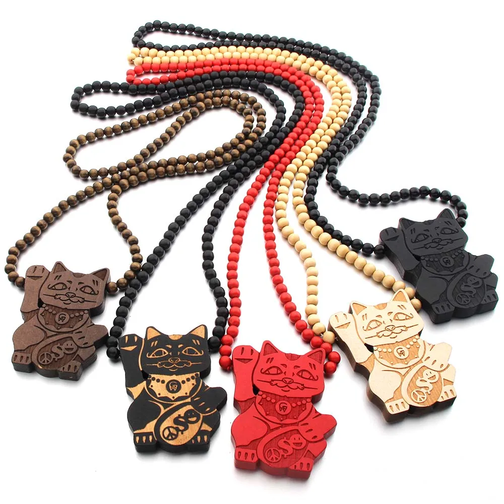 Бесплатная доставка ожерелье Lucky Cat дерево хип хоп 5 цветов смешанное Розария