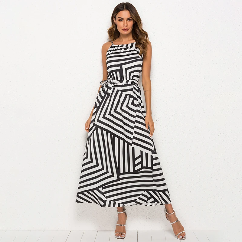 

Women Sexy Summer Dress Boho Striped Sleeveless Maxi Long Dress Beach Style Strap Sundress Vestidos For Female