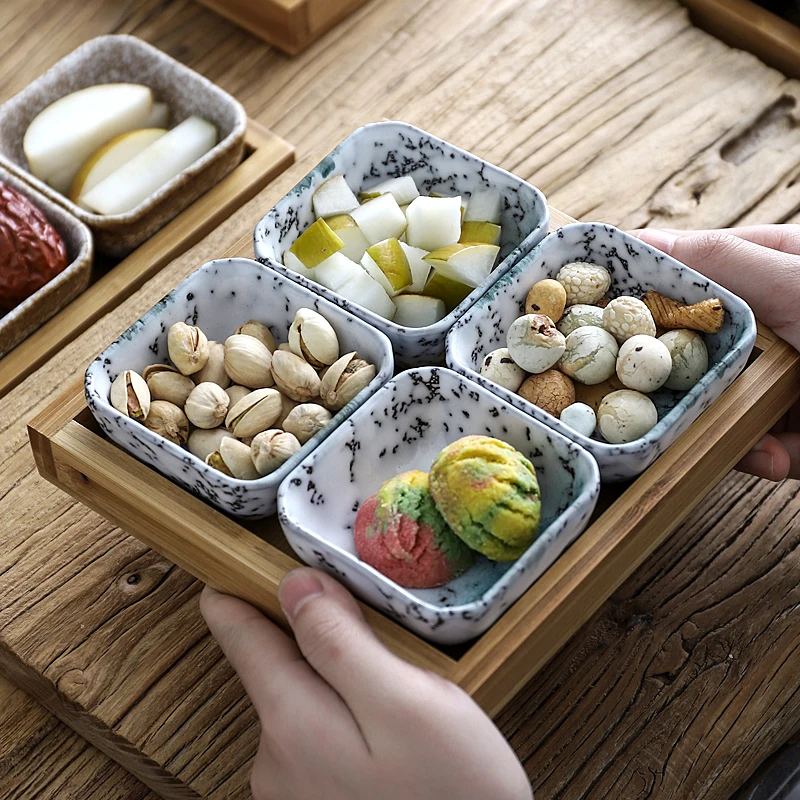 

Creative ceramic grid fruit plate snack plate serving platter Japanese small dish with tray Home desktop dried fruit snack tray