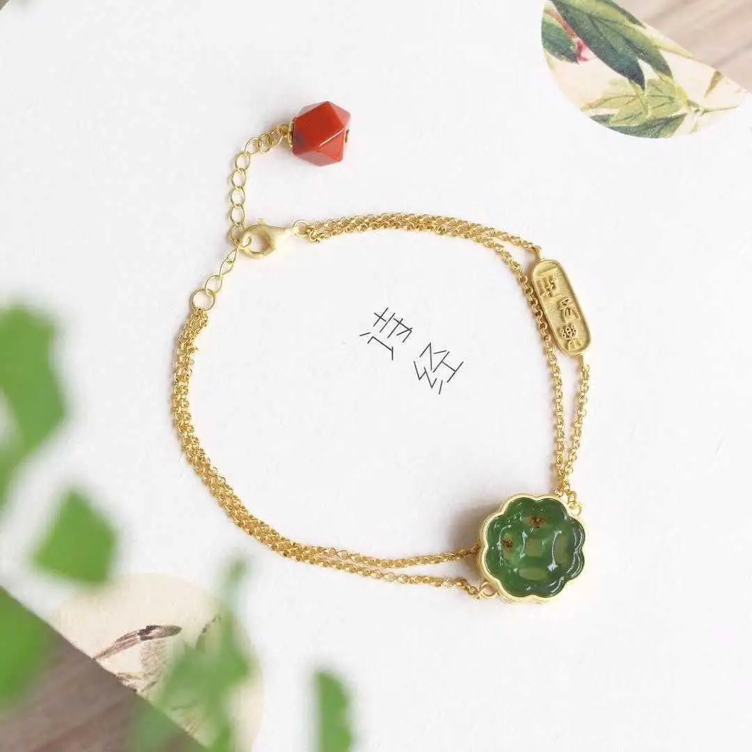 

Still Chang'an. Natural Hetian Jade Green Jade Bracelet S925 Sterling Silver Gilding Five Emperors Coin Pendant Double-Layer Bra