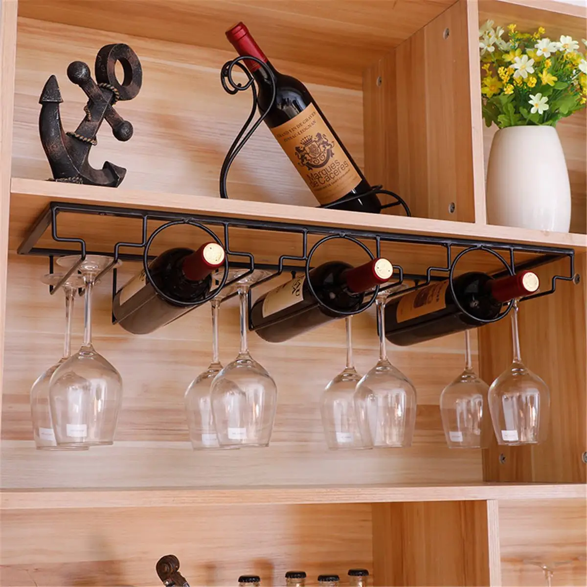

Wine Rack Wall Mounted Home Bar Decor Wine Glass Hanging Holder Goblet Stemware Storage Organizer Rack mini bar cabinet for home