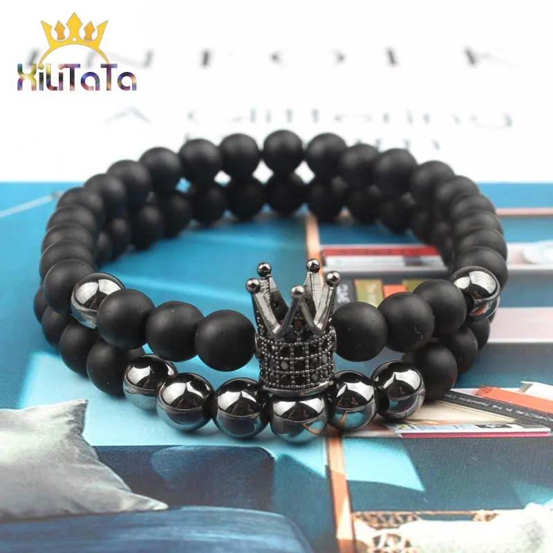2020 New Fashion Women Men Bracelet Cz Crown King Charm Stone Beads Bracelets Black Agates Hematite Lava Elastic Yoga | Украшения и
