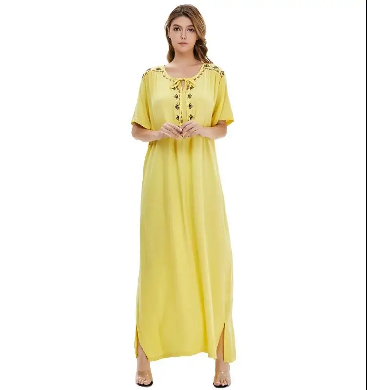 Dubai Turkish Middle Eastern Robe Bohemian Summer New Women's Muslim Islamic Skirt Abaya Short Sleeve Dress Long Robe Long Skirt