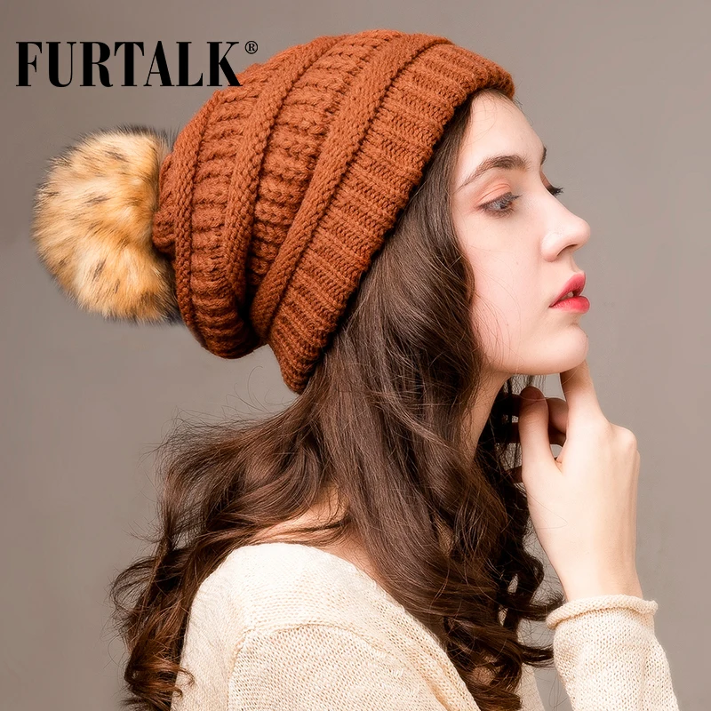 FURTALK шапка бини для осени зимы шапка для женщин вязаная помпон мешковатая шапка бини Skullies для женщин черная красная желтая шапка
