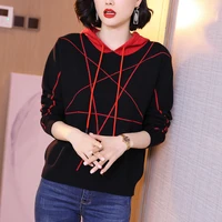 knitted hoodies women clothes long sleeve pullovers sweaters geometric lines fashion ladies tops basic oversized hoodie clothing