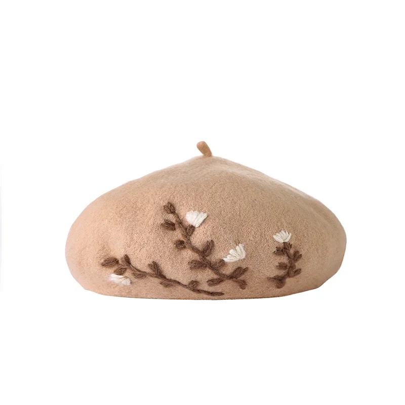 Embroidered Flower Wool Beret Korean Autumn Winter Hats For Women Ladies Painter Cap Vintage Bonnet Beanie Chapeau Femme | Аксессуары
