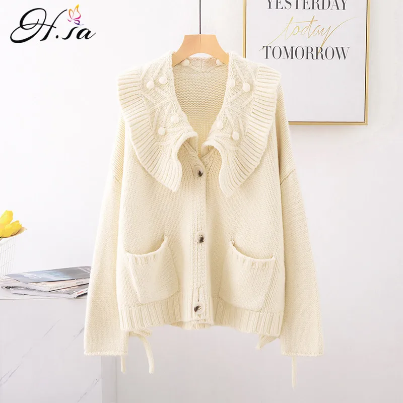 H.SA Women Winter Oversized Sweater Cardigans Big Collar Ruffles Loose Jumpers Green Beige Cardigans Feminino Button Up