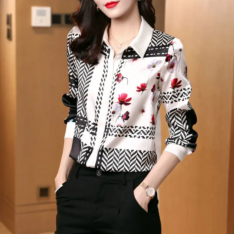 

Высококачественная рубашка из шелка тутового шелкопряда, женская летняя Новинка 2021, приталенный Универсальный Топ с длинным рукавом и прин...