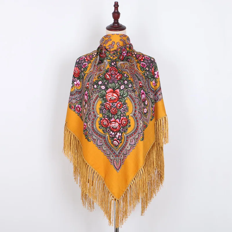 

130*130 см русский Национальный шаль для женщин в этническом стиле Стиль бахромой шарф квадратной формы, женские туфли в стиле ретро; Саржевого...