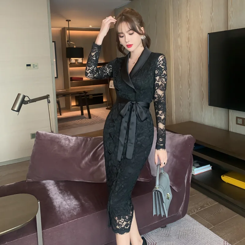 

2021 Spring High End Bodycon Classy Pencil Dress V-neck Long Sleeve Elegant Black Lace Dress for Women Sexy Party Office Dresses