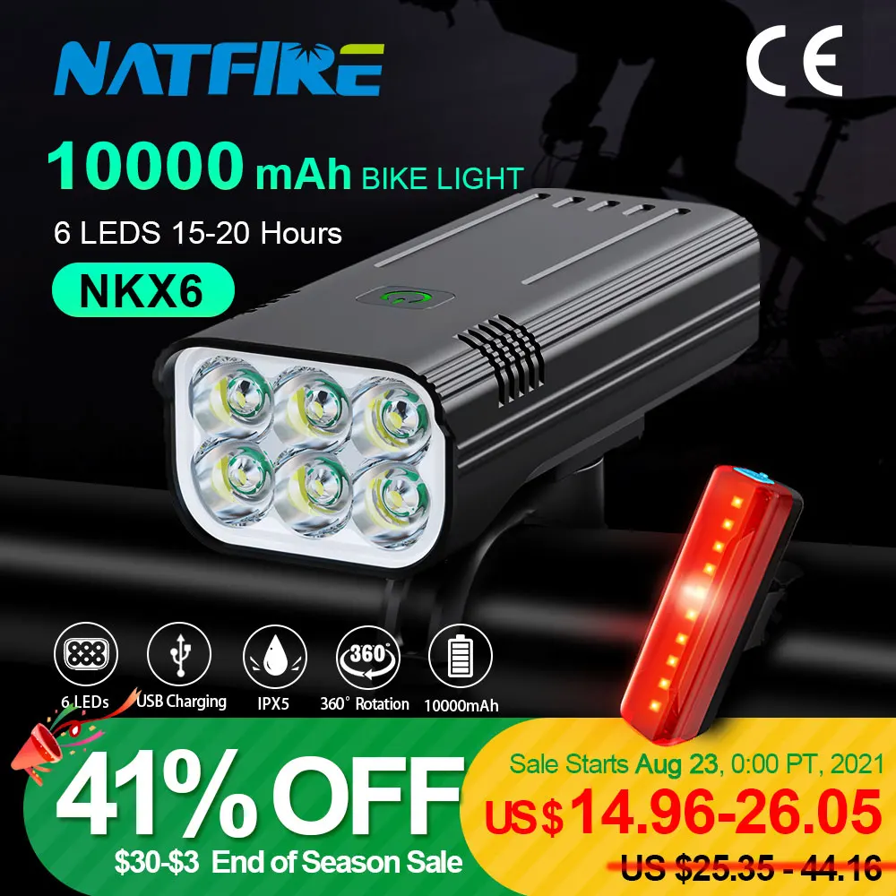 NATFIRE 15 часов светодиодный фонарь для велосипеда с емкостью аккумулятора 10000 мАч