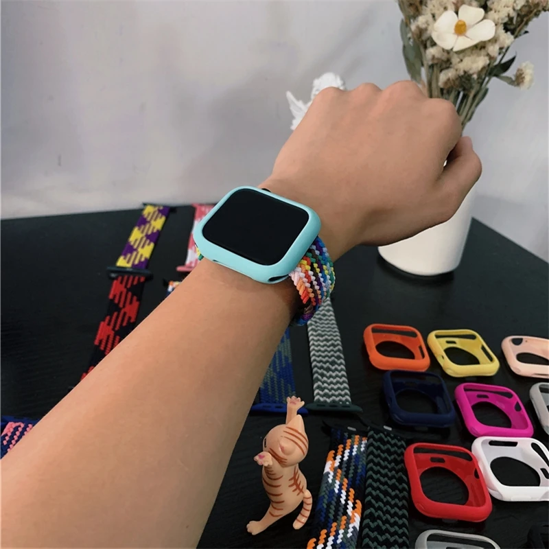 

Плетеная петля Solo для ремешка Apple Watch 44 мм, 40 мм, 38 мм, 42 мм, тканевый нейлоновый эластичный ремешок iWatch серии 6 Силиконовая защита для экрана