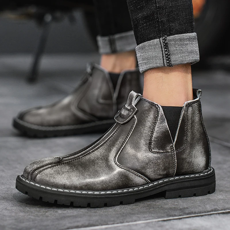 Ботинки Челси мужские из мягкой кожи черные/коричневые/серые на меху для весны и